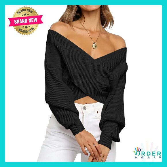 Off Shoulder Ribbed Wrap Sweater Cropped V Neck Long Sleeve Chic Fall Winter